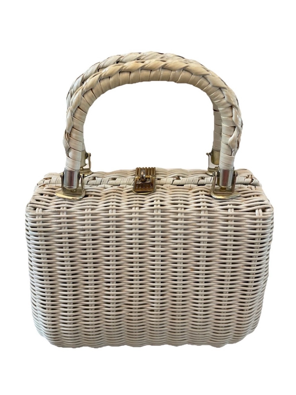 Vintage 60s Lesco Lona White Wicker Rattan Basket Purse Braided Handles Tote